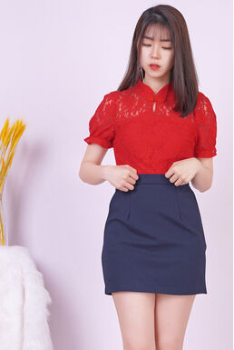 Lace Overlay Cheongsam Top & A Line Skort Set (Red + Navy)